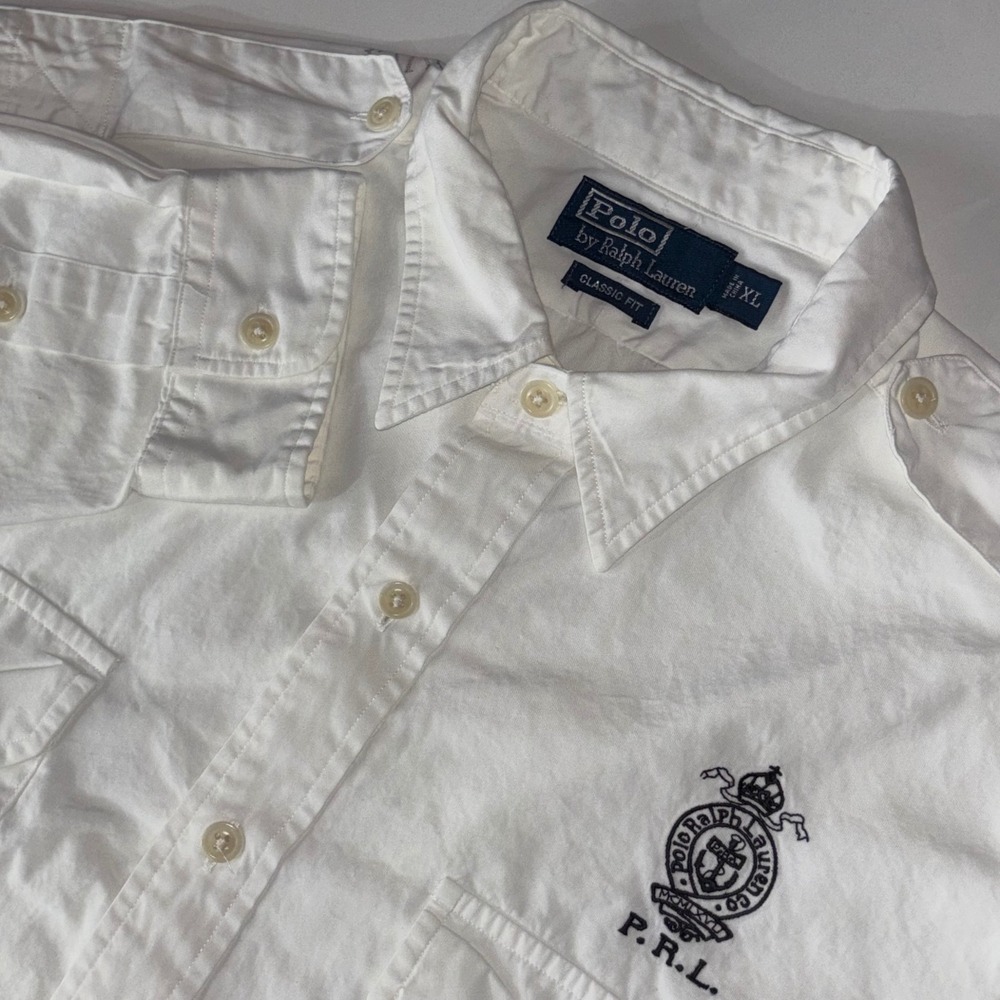 Polo Ralph Lauren PRL Military Shirt Mens XL White Button Up Epaulette Pockets
